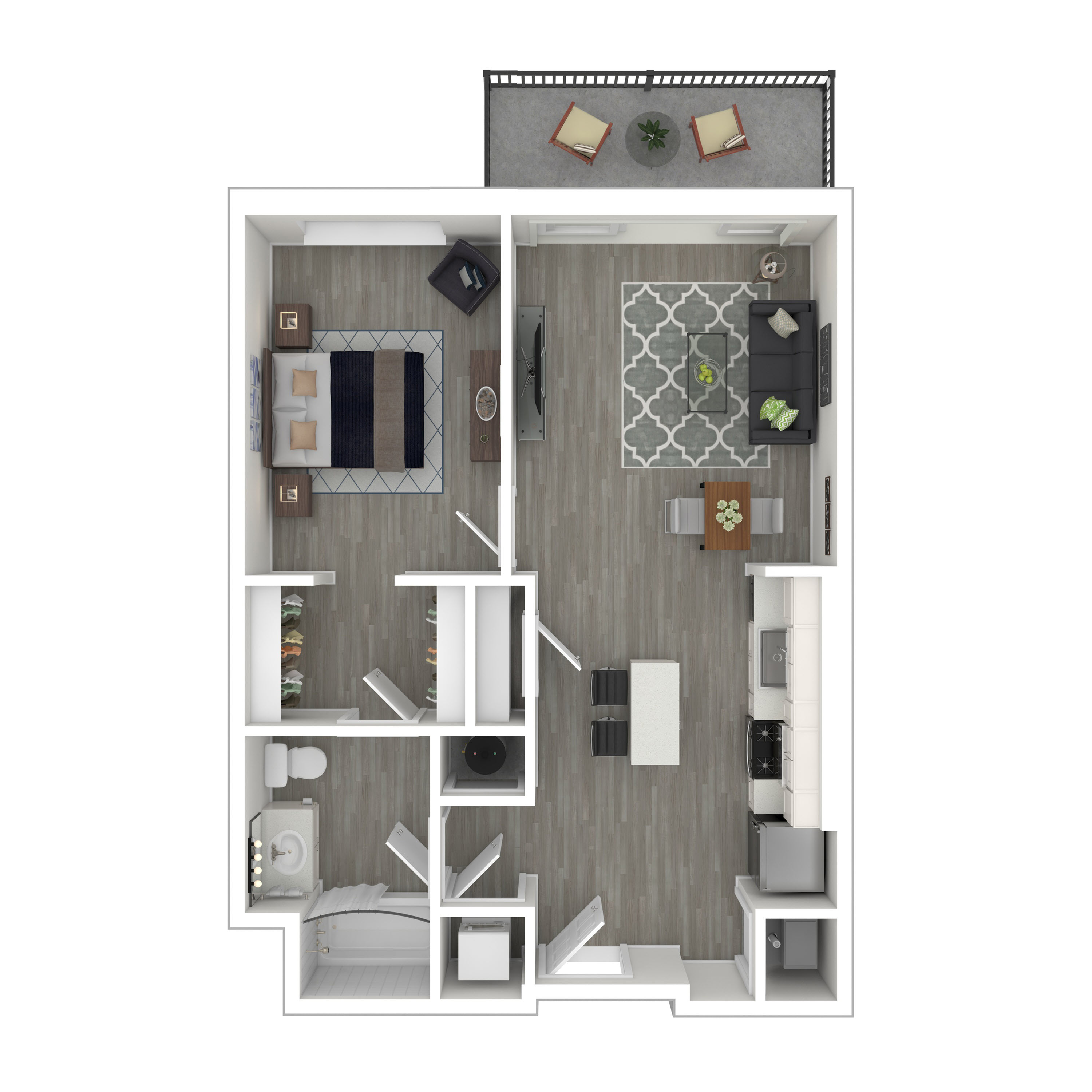 Floor plan for 1 bed, 1 bath, 763 sqft